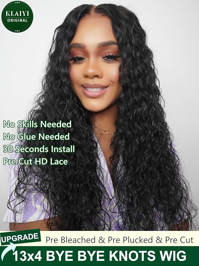 KLAIYI Pre Everything 13x4 Glueless Lace Front Wig Human Hair Water Wave Bye Bye Knots Put On and Go Wig Pre Cut Lace Pre Bleached Pre Plucked 30S Easy To Wear Beginner Curly Wig with Baby Hair 26Inch