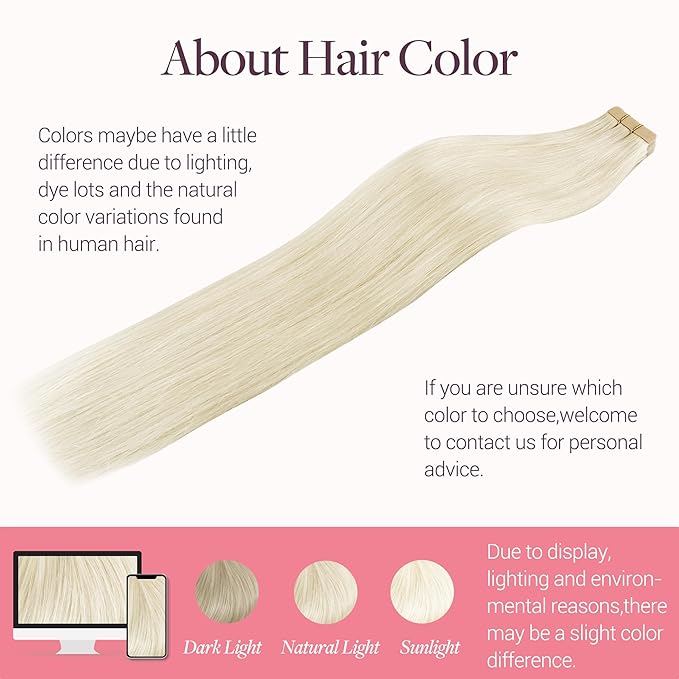 GOO GOO Tape in Hair Extensions Human Hair, 60A Platinum Blonde, 24inch 50g 20pcs, Skin Weft Seamless Invisible, Silky Straight with Thick Ends, Remy Human Hair