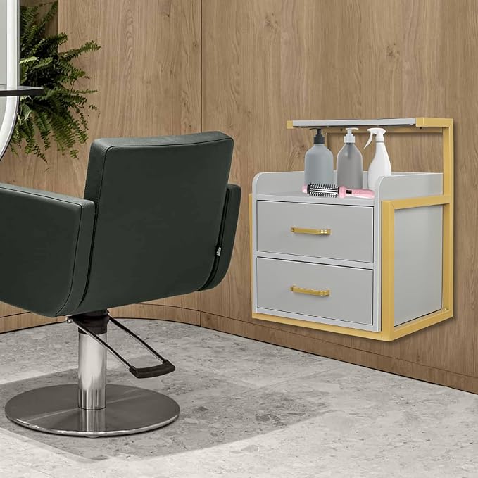 Suspended Salon Station for Hair Stylist, Wall Mounted Styling Salon Station Storage Cabinet w/2*Drawers &Hair Dryer Stand,Floating Nightstand Stylist Storage Cabinet for Home (Glod+Gray)