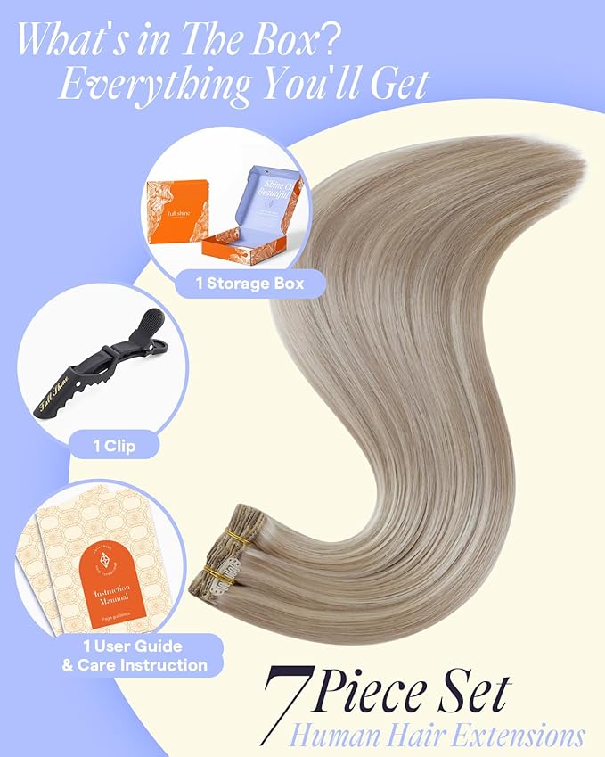 Full Shine Clip in Extensions Ash Blonde Highlighted Bleach Blonde Remy Clip in Hair Extensions for Volume Thick Real Human Hair 135 G 18 Inch 7 Pcs