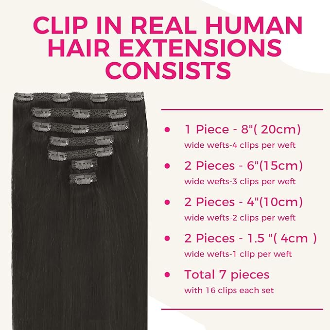 Lashey Clip in Hair Extensions, 14 Inch 7pcs 120g Natural Black Color, Straight Clip in Hair Extensions Real Human Hair Thick Clip in Hair Extensions for Women