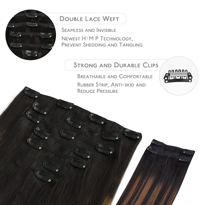 WENNALIFE Clip in Hair Extensions, 150g 14 Inch 9pcs Balayage Natural Black to Chestnut Brown Remy Hair Thicker Double Weft Extensiones De Cabello Humano Con Clip Ins Straight Full Volume