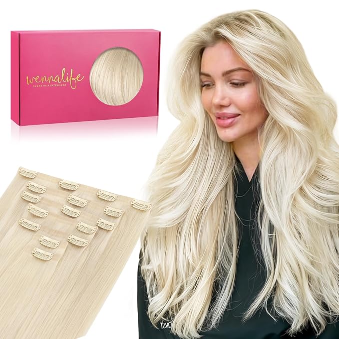 WENNALIFE Seamless Clip In Hair Extensions Human Hair, 22 Inch 150g 7pcs Platinum Blonde Real Hair Extensions Clip in Human Hair Invisible PU Skin Weft Natural Remy Human Hair Extensions