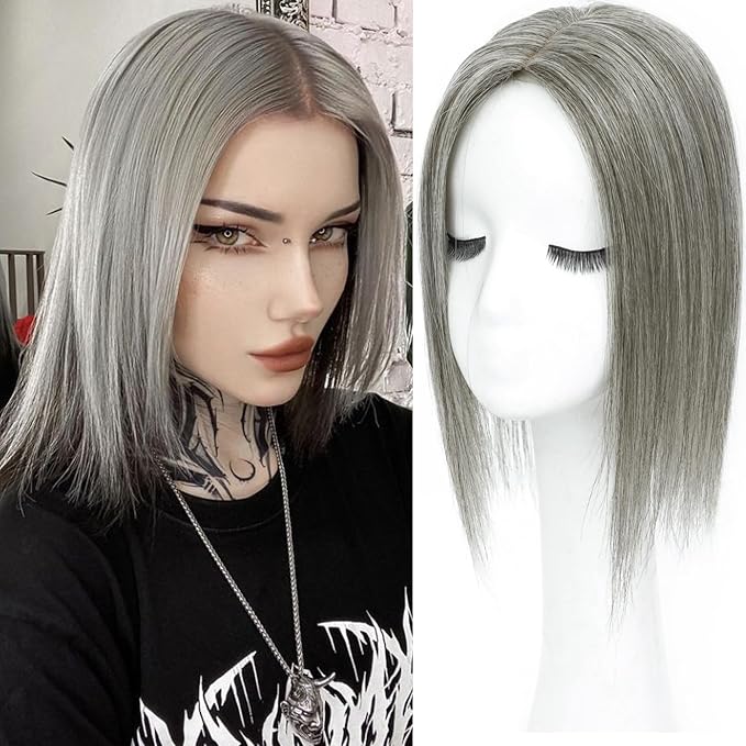 Hair Toppers for Women Real Human Hair, 360° 3D Human with Thinning Upgrade Middle Part Clip in Bangs Topper Hair Pieces for Women Daily (Gray, 14 Inch-3D-Side)