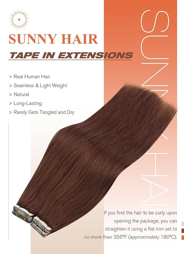 Sunny Hair Tape in Hair Extensions Human Hair, 22inch 40Pcs Auburn Brown Human Hair Tape in Extensions Remy Invisible Tape ins Human Hair Extensions Straight