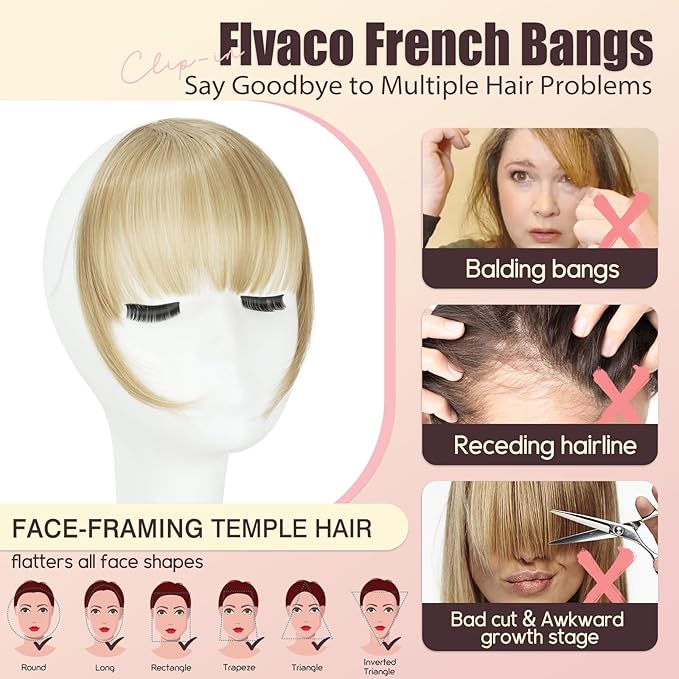 Clip in Bangs, Synthetic Wispy Bangs Hair Clip, Ash Blonde Fake Bangs Fringe with Temples Hairpieces for Women Natural Curved Hair Extensions for Daily Wear