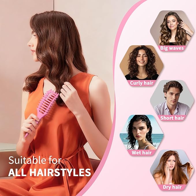 Curl Defining Brush, 4-in-1 Curly Hair Brush – Flexible Styling Brushes for Women and Men, Curls Detangling Hairbrush Featuring a Crescent Shape and Ultra-Smooth Bristles for Wet & Dry Hair - Pink