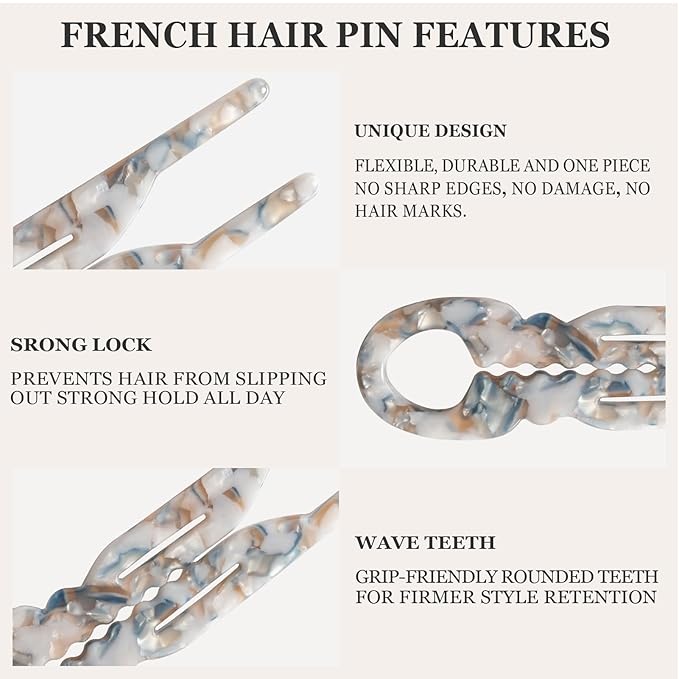Sunolga 6pcs Prestige French Hair Pins for Women, 4.38" Large, Serrated Anti-Slip Design, Curved Shape for Better Head Fit, Coquette Elegant Hair Accessories for Updos, Chignon, Bun Hairstyles