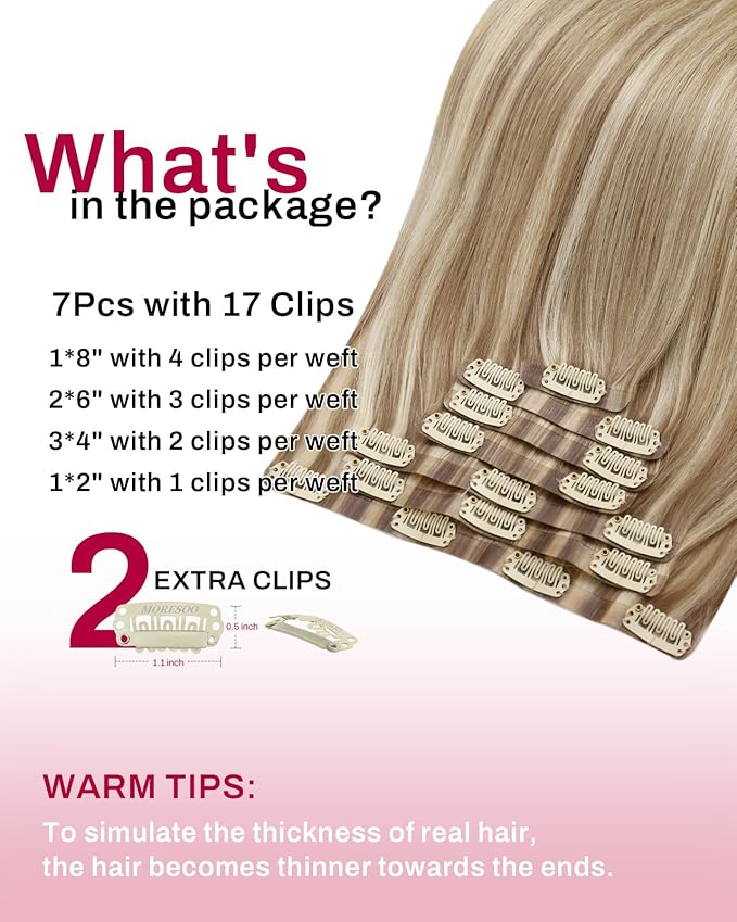 Moresoo Seamless Clip in Hair Extensions Blonde Highlight Remy PU Seamless Clip in Extensions Human Hair Light Brown with Blonde Full Head 7Pcs 120Gram 22inch