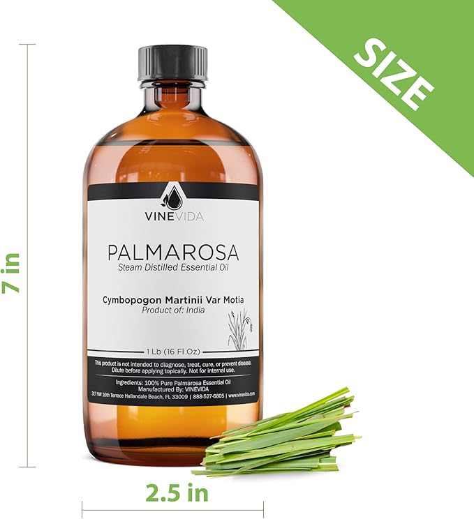 VINEVIDA Palmarosa Essential Oil - 16 oz - Undiluted - DIY Candle Scents - Bulk for Soap Making & Skin Safe
