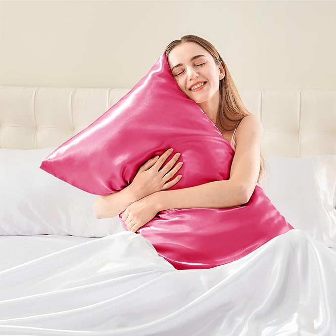 BEDELITE Satin Pillowcase with Zipper 2 Pack, Hot Pink Pillow Cases Standard Size, Super Soft and Cooling Similar to Silk Pillow Cases, Gift for Women Men(20x26 Inches)