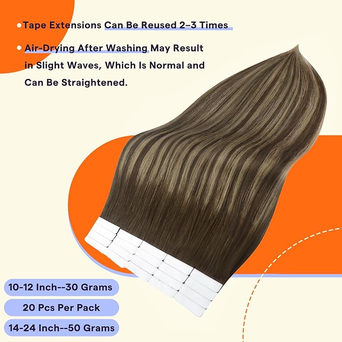 Full Shine Tape in Hair Extensions Human Hair Color 4 Fading to 24 Highlight 4 Medium Brown Balayage 24 Inch Tape in Extensions Human Hair 20 PCS 50 Grams Double Sided Remy Hair Extensions Add Length