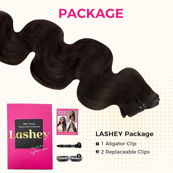 Lashey Seamless Clip in Hair Extensions Human Hair #2 Dark Brown Body Wave 7pcs 110g 14 Inch PU Weft Human Hair Clip in Extensions for Women