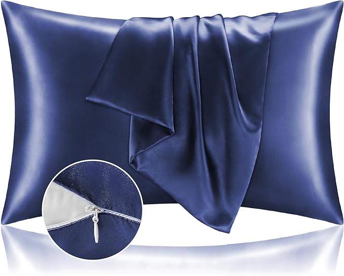BEDELITE Satin Pillowcase with Zipper 2 Pack, Navy Pillow Cases Standard Size, Super Soft and Cooling Similar to Silk Pillow Cases, Gift for Women Men(20x26 Inches)