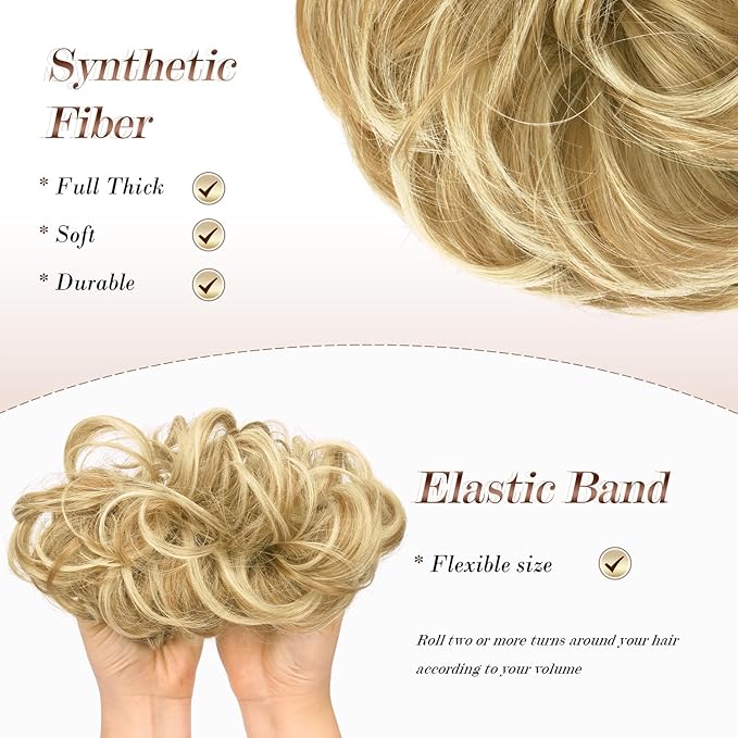 FESHFEN Messy Bun Hair Piece - Elastic Wavy Curly Hair Bun Scrunchies Extensions Synthetic Chignon Hairpieces for Women, Sunny Blonde 1.5 oz
