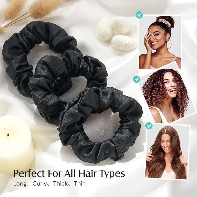 YFONG 3 PCS 100% Silk Scrunchies for Hair Sleep Women Girls, 22 Momme Pure Mulberry Hair Ties for Frizz & Breakage Prevention, Elastic Ponytail Holders Gentle And No hurt (3PCS Black)