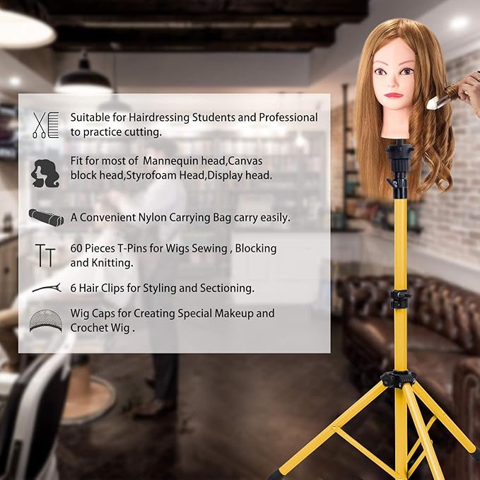 Klvied Reinforced Wig Head Stand, Adjustable Wig Stand tripod for Cosmetology Hairdressing, Metal Mannequin Head Stand for Styling,Golden Yellow(Mannequin Head Not Included)