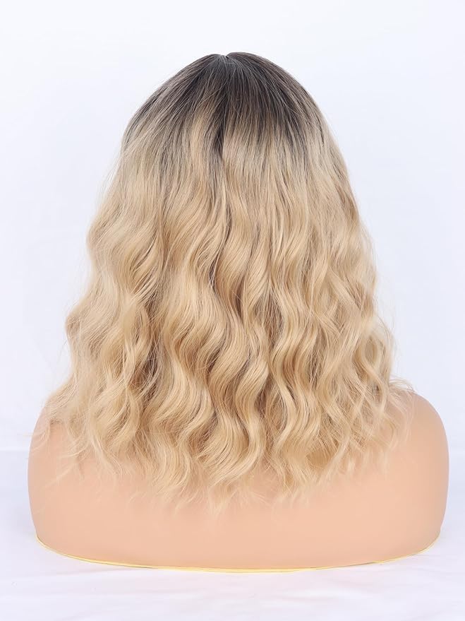 Blonde Wavy Wig with Bangs for Women Shoulder Length Synthetic Wigs Natural Wavy Blonde With Dark Brown Roots Wigs Heat Resistant for Daily Party Use
