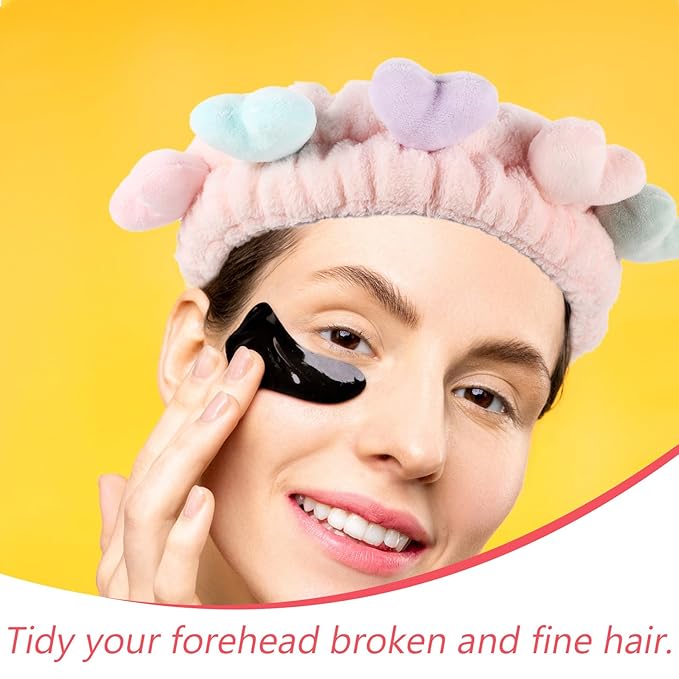 2pcs Heart Design Fuzzy Spa Hairbands for Women Elastic Stretch Makeup Head Wraps Skin-friendly Soft Comfortable Fit for Face Washing and Skincare Routine