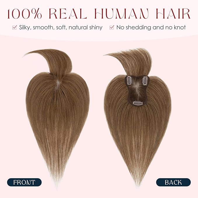 Human Hair Topper with Bangs for Women, 360° Cover Clip in Fringe Bangs Hair Toppers Hair Piece Medium Brown-3.15x4.33 Hand-tied Base (Medium Brown)