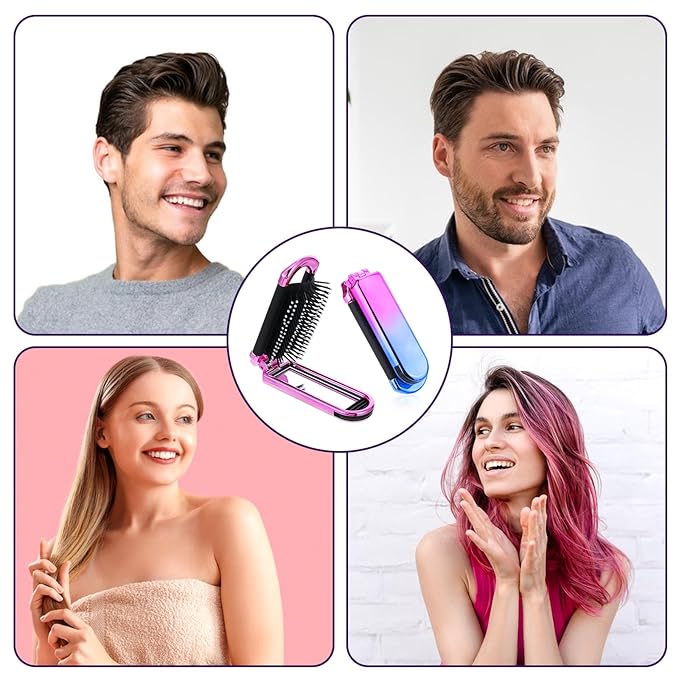 Travel Hair Brush with Mirror,2 Pack Folding Hair Brush Travel Size Hair Massage Comb Compact Hair Brush Foldable Pocket Hairbrush for Women and Men, Hair Styling Tools (Pink & Gradient)