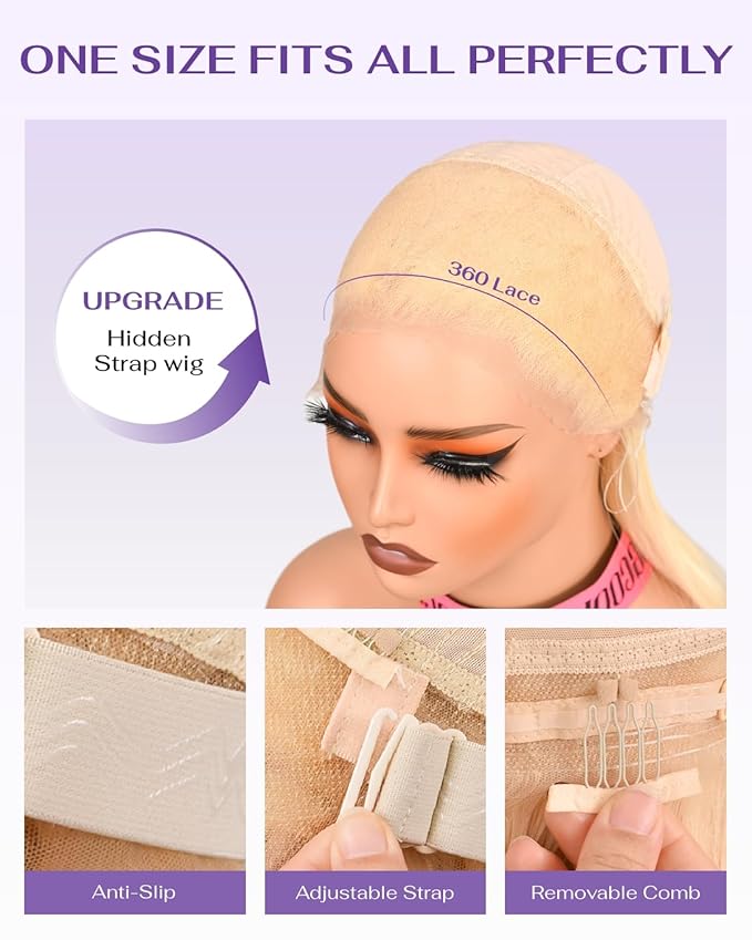 Hidden Strap Body Wave 360 613 Lace Front Wig Human Hair Glueless Wigs Human hair Pre Plucked Pre Bleached 180% Density Blonde Wig With Drawstring HD Full Lace Human Hair Wigs 24Inch