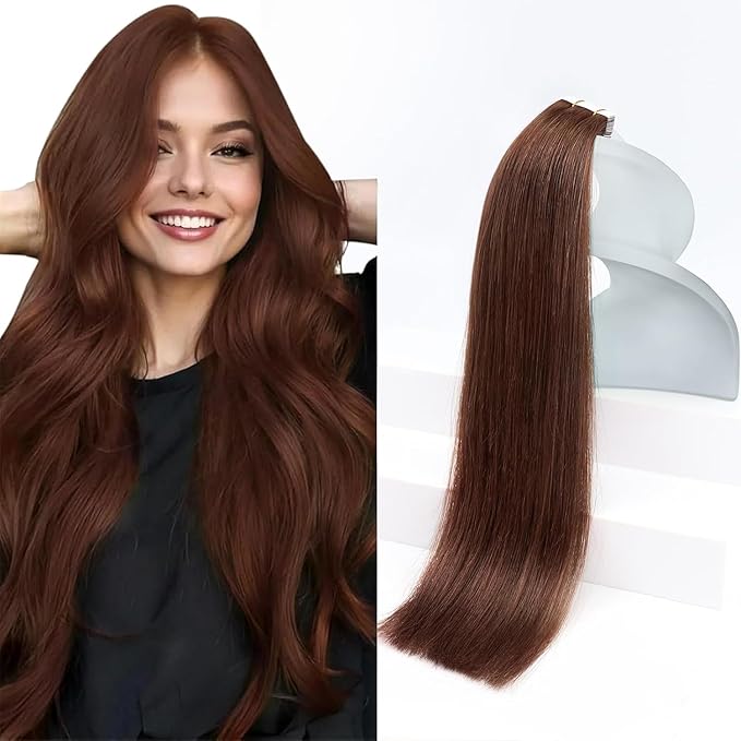 Sunny Hair Tape in Hair Extensions Real Human Hair Invisible Remy Hair Extensions Tape ins for Women Auburn Brown 24 inch 20Pcs 50G