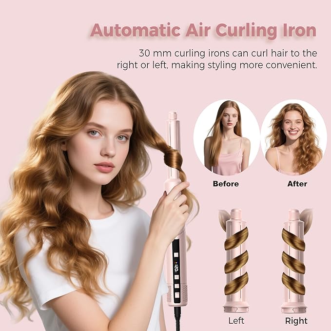 8-in-1 Hair Dryer Brush & Hot Air Styler, 110,000 RPM Blow Dryer Brush Foldable LCD Display, 4 Heat Settings Auto Curler Fast Drying Curling Straightening for Salon & Travel (Pink)