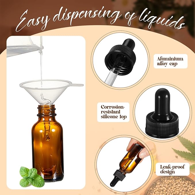 Lallisa 100 Pack Essential Oil Dropper Bottle 30 ml (1 oz) Glass Dropper Bottles DIY for DIY Essential Oil Perfume with 5 Funnels 5 Pipettes 3ml 100 Labels for Bathrooms, Hotels, Labs (Amber)