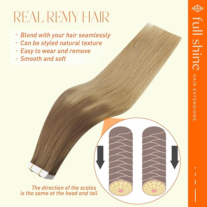 Full Shine Tape ins 12Inch Tape in Hair Extensions Human Hair Seamless Double Sided Tape Balayage 10 Light Brown Fading to 14 Golden Blonde Invisible Remy Tape in Human Hair Extensions 30G 20Pcs
