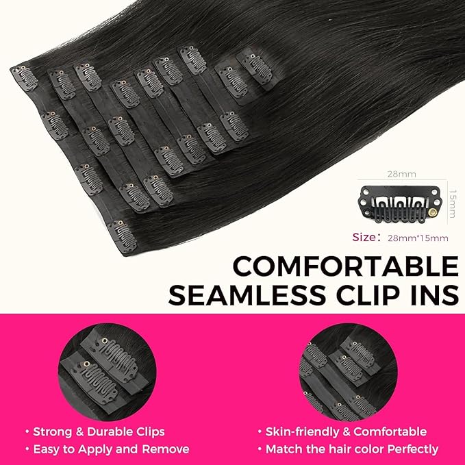 Lashey Seamless Hair Extensions Human Hair 9pcs 130g Natural Black Remy Human Hair Extensions 14 Inch Straight Thick Clip in Hair Extensions