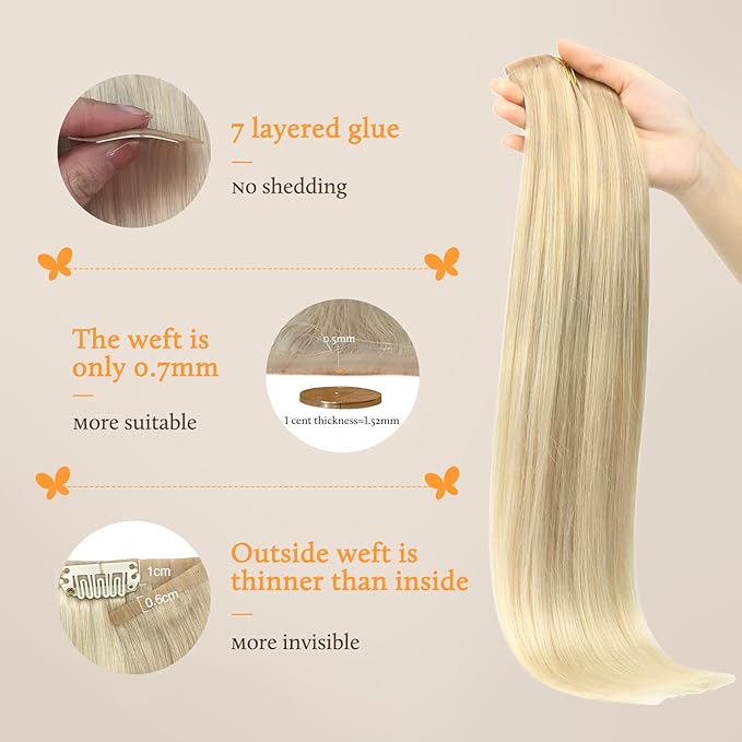 DOORES Clip in Hair Extensions, Ash Blonde to Golden Blonde and Platinum Blonde 14 Inch 130g 7pcs, Seamless Clip in Hair Extensions Natural Straight Hair Thin Weft Invisi Edge Hair Extensions