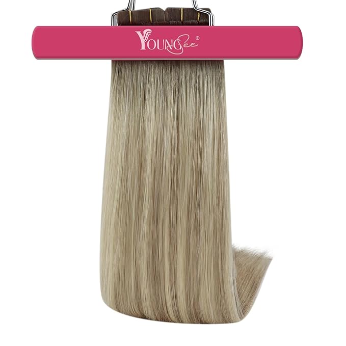 YoungSee Tape in Extensions Human Hair Ombre Blonde Tape in Hair Extensions Ash Blonde Ombre Platinum Blonde Tapes ins Human Hair Extension 14In 20pcs 50g Tapein Hair Extension Real Human Hair