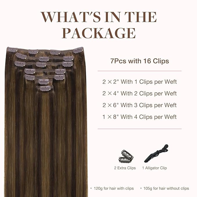 GOO GOO Clip in Hair Extensions Real Human Hair, Remy Human Hair Extensions Clip ins for Women, Natural Human Hair, 14inch 120g 7Pcs, 2C/4E/6C Brown Sugar Swirl Highlights