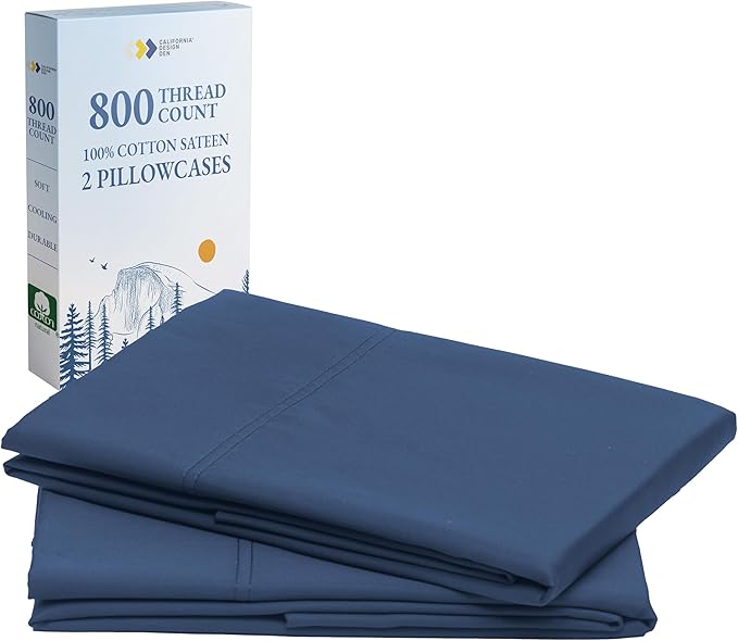 California Design Den Natural 100% Cotton Pillow Cases Queen Size Set of 2 - Luxuriously Soft and Thick 800 Thread Count, Smooth Sateen Pillow Covers Queen Size/Standard Size - Navy Blue