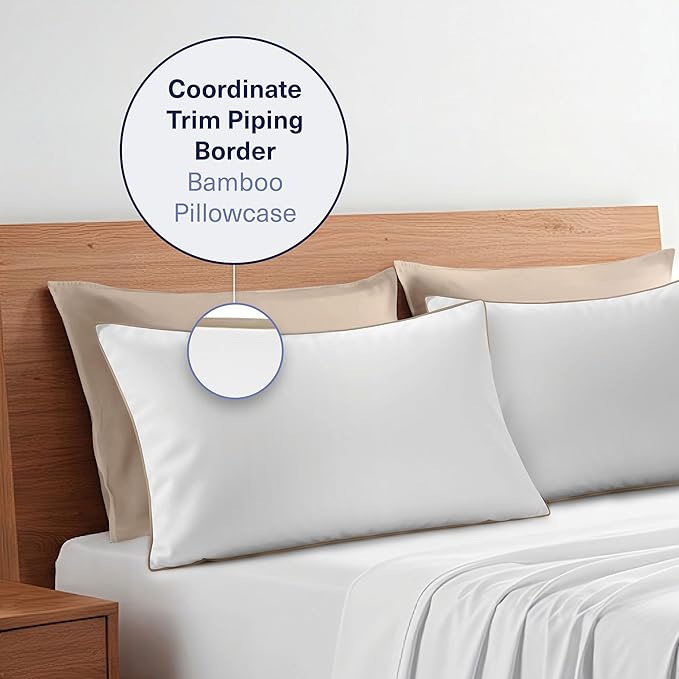 Kickoff Viscose Bamboo Pillowcase, King, Set of 2, 100% Organic Hidden Zippered Viscose Bamboo Pillow Case King Size, Cooling Pillow Cover for Hot Sleepers (20"x40", Trimmed, Iced Latte)