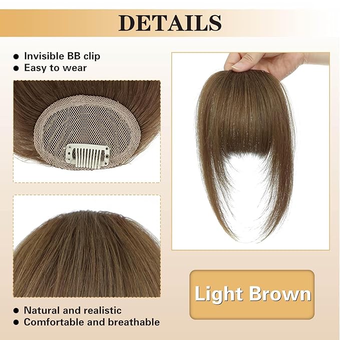 NAYOO Bangs Hair Clip - Light Brown Fake Bangs 100% Real Human Hair Extensions French Bangs for Women Fringe with Temples Hairpieces Curved Bangs for Daily Wear(Light Brown, French Bangs)