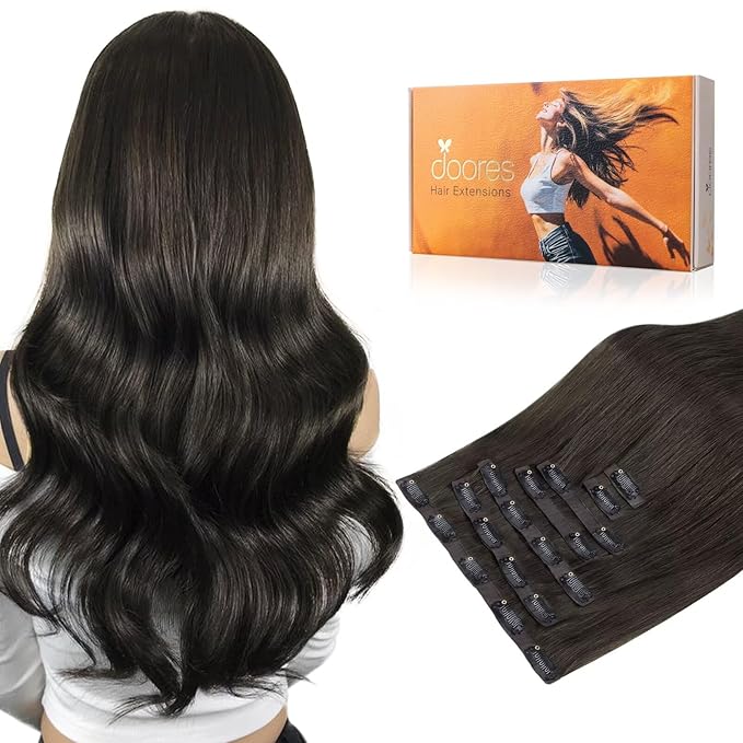 DOORES Seamless Clip-in Real Human Hair Extensions, Mocha Brown 7pcs 110g 18 Inch, Straight Hair with Invisi Edge