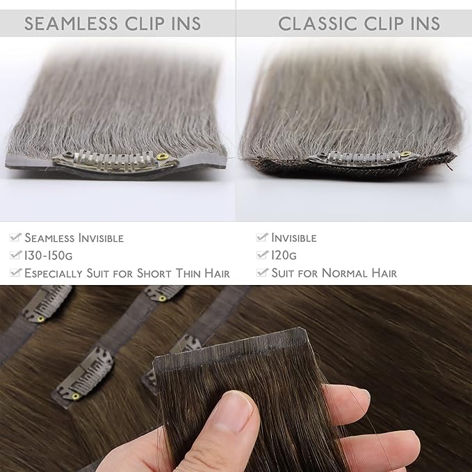 WENNALIFE Seamless Clip In Hair Extensions, 20 Inch 7pcs 150g Ombre Walnut Brown to Ash Brown and Bleach Blonde Real Human Hair Extensions