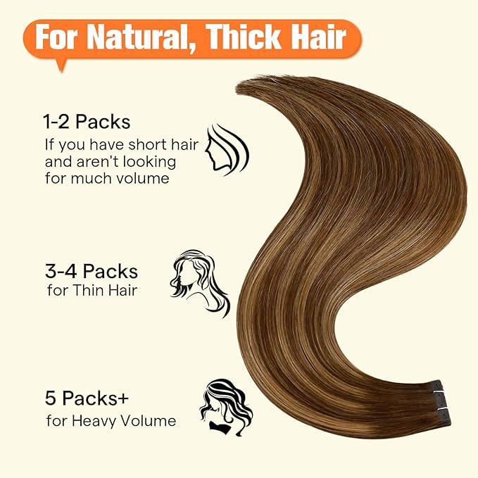Full Shine Tape with Holes in Human Hair Extensions Color 4/24/4 Medium Brown to Blonde and Medium Brown 18INCH Human Hair Tape in Extensions Balayage Tape Extensions 50G 20PCS Seamless