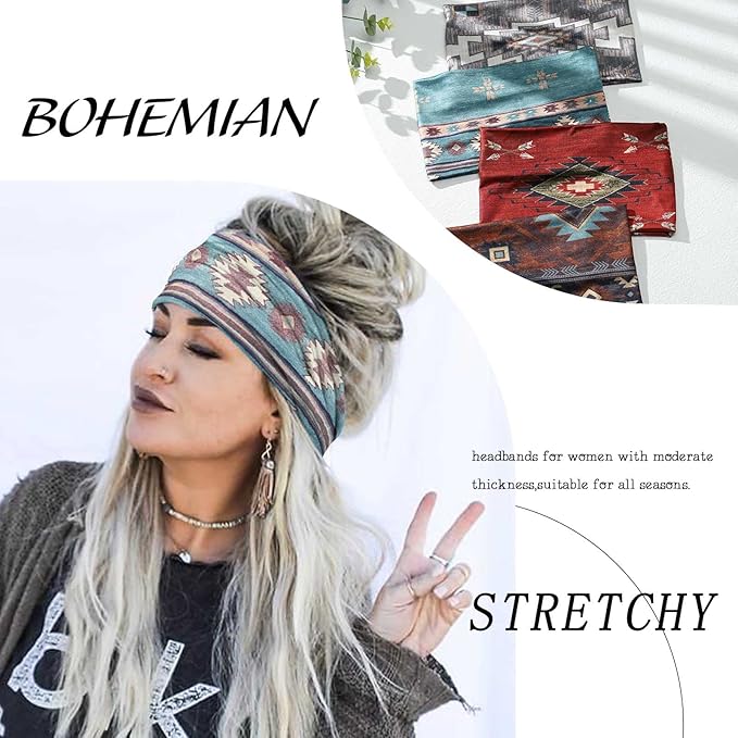 Olbye Wide Boho Headbands Turban Elastic Hairbands Nonslip Floral Bandana Workout Yoga Hair Scarfs Running Sweatband African Bohemian Head Wraps Fashion Hair Accessories for Women (C-Vintage)
