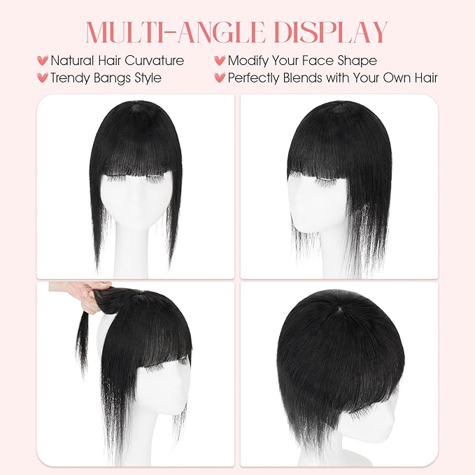Hairro Mono Hair Toppers with Bangs, 3.4" x 3.4" Mono Base 100% Real Human Hairpieces for Women, 150% Density Clips In Topper for Greyish Thinning Hair, 10 Inch Jet Black