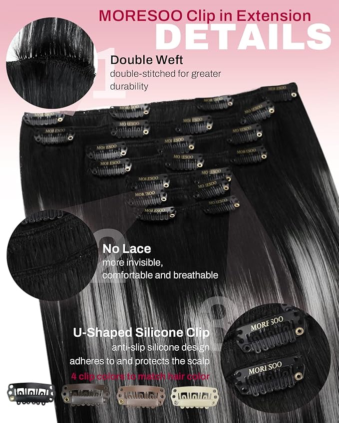 Moresoo Clip in Hair Extensions Remy Double Weft Human Hair Clip in Extensions Straight Balayage Hair Extensions for Women Ombre Black Mixed with Silver Grey 7pcs 135g 16inch