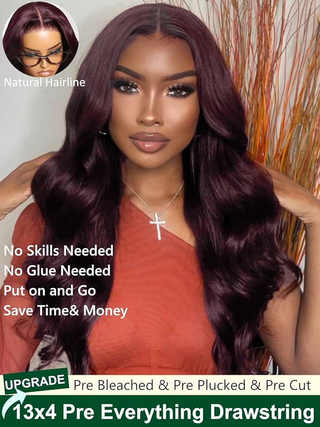 KLAIYI Black Cherry Loose Body Wave Pre Eeverything 13x4 Lace Frontal Wigs Human Hair Bye Bye Knots Glueless Ready to Wear and Go Wig with Face Framing Bangs Drawstring Pre Plucked Burgundy Wig 18Inch