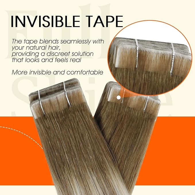 Full Shine Hair Extensions Real Human Hair Tape in Color 3/8/22 Remy Tape in Hair Extensions Cuticles Aligned for Women Bridal Hairstyles Long Straight Extension 18Inch 50G 20Pcs