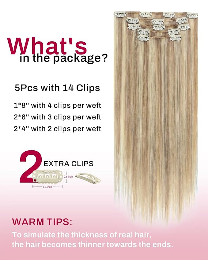 Moresoo Clip in Hair Extensions Blonde Highlights Remy Hair Extensions Clip ins Golden Blonde With Medium Blond Double Weft for Long And Straight 80g/5pcs 22 inch