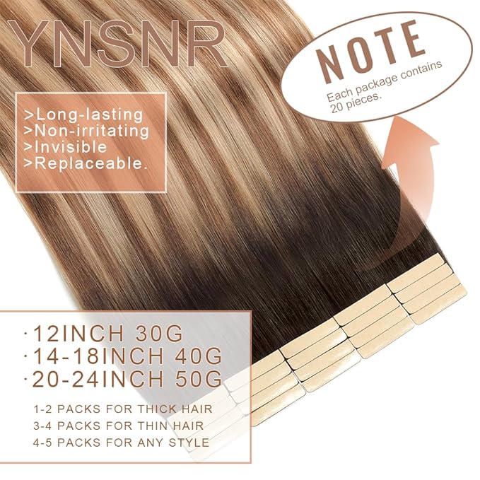 Chestnut Brown to Dirty Blonde Tape in Hair Extensions Human Hair,14 Inch Human Hair Tape in Extensions 20Pcs Tape Ins Human Hair Extensions for Women Seamless Tape in Hair Extensions Real Human Hair