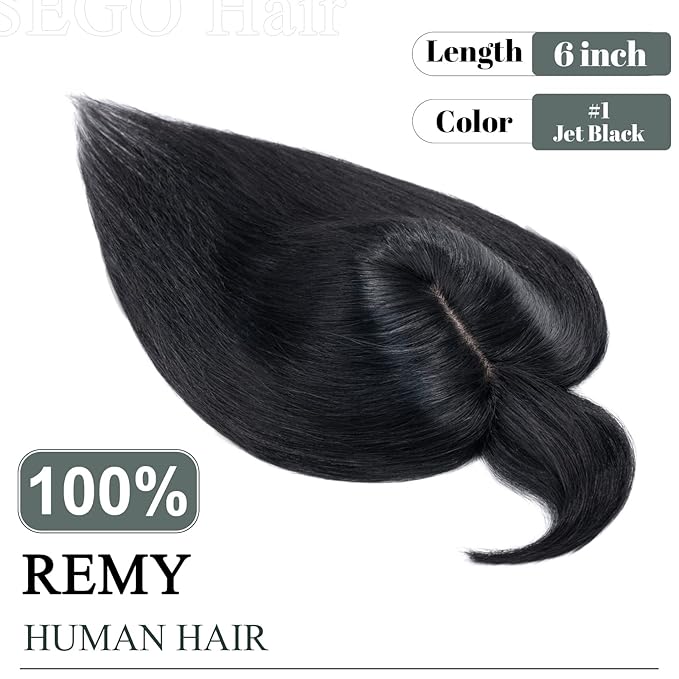 SEGO Hair Toppers for Women Real Human Hair with Thinning Hair, Toppers Hair Pieces Clip in Toppers Straight Hair Pieces with Front Bangs 150% Density Silk Base -6 Inch #1 Jet Black