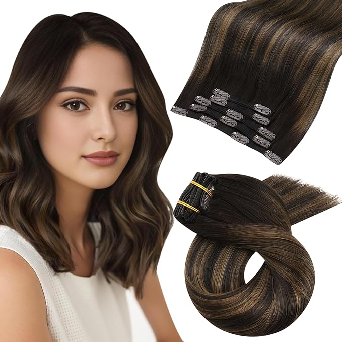 Moresoo Brown Balayage Clip in Hair Extensions Dark Brown to Chestnut Ombre Clip in Extensions Real Human Hair Short for Women Remy Human Hair Double Weft 80g/5pcs 14 inch