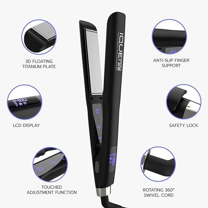 iQUE 1.25” Titanium Plates Hair Straightener & Curler 2-in-1 – Fast Heat-Up Flat Iron with Ionic Technology, Floating Plates, LCD Display, Adjustable Temp to 480°F, Dual Voltage for All Hair Types